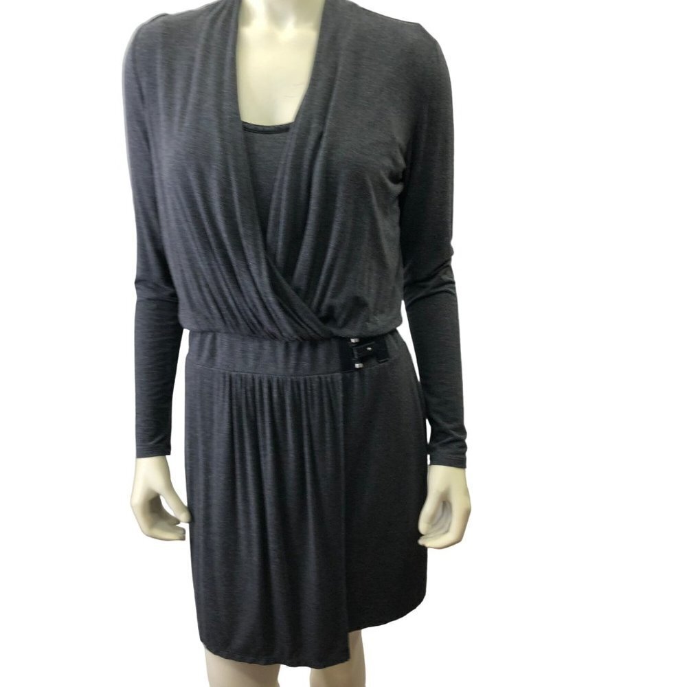 WHITE‎ HOUSE BLACK MARKET FAUX WRAP CHARCOAL LONG SLEEVE DRESS SIZE 4